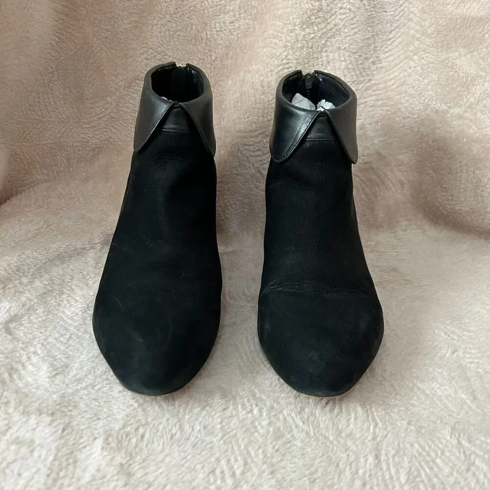 Loeffler Randall Suede Black Ankle Boots with Leather Peter Pan Collar